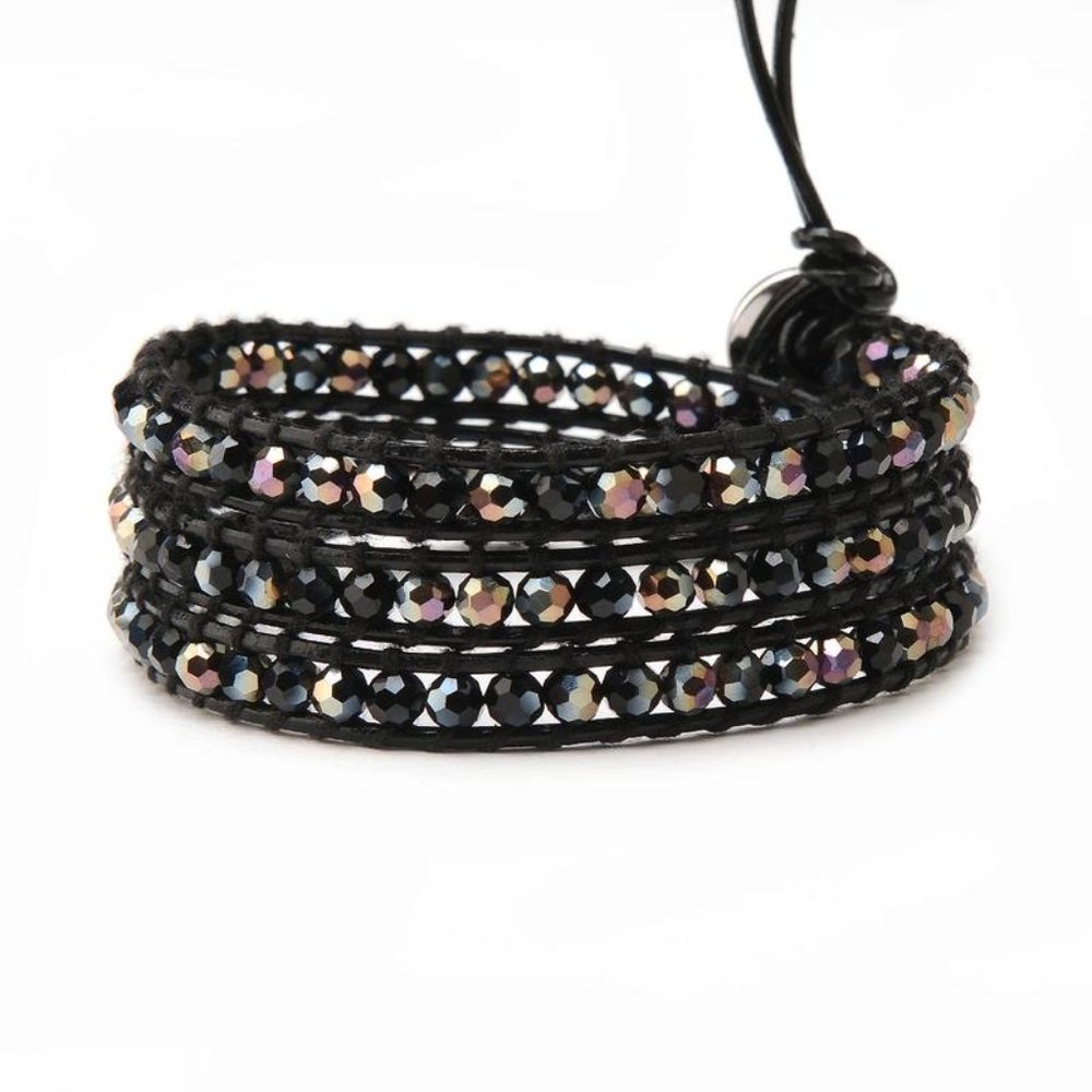 NEW! Mixed Crystals on Black Leather Wrap Bracelet